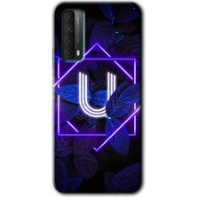 Gramaphone Huawei P Smart 2021 Kılıf Hd Desen Baskılı Arka Kapak + Esnek Nano Cam - Dark Neon Yaprak U Harfi