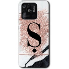 Gramaphone Redmi 10C Kılıf Hd Desen Baskılı Arka Kapak + Kırılmaz Cam - Pembe Mermer Desenli Ş Harfi