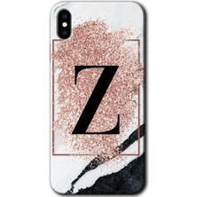 Gramaphone iPhone x Kılıf Hd Desen Baskılı Arka Kapak + Esnek Nano Cam - Pembe Mermer Desenli Z Harfi