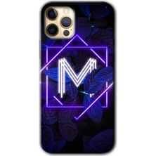 Gramaphone iPhone 12 Pro Kılıf Hd Desen Baskılı Arka Kapak + Kırılmaz Cam - Dark Neon Yaprak M Harfi