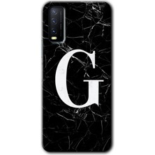 Vivo Y20S Kılıf Hd Desen Baskılı Arka Kapak + Kırılmaz Cam - Siyah Mermer Desenli G Harfi