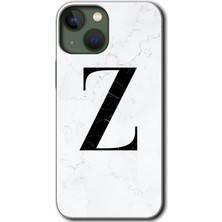 iPhone 13 Mini Kılıf Hd Desen Baskılı Arka Kapak + Kırılmaz Cam - Beyaz Mermer Desenli Z Harfi