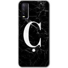 Vivo Y11S Kılıf Hd Desen Baskılı Arka Kapak + Esnek Nano Cam - Siyah Mermer Desenli Ç Harfi
