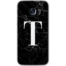 Gramaphone Galaxy S7 Edge Kılıf Hd Desen Baskılı Arka Kapak + Kırılmaz Cam - Siyah Mermer Desenli T Harfi
