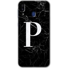 Gramaphone Galaxy M20 Kılıf Hd Desen Baskılı Arka Kapak + Kırılmaz Cam - Siyah Mermer Desenli P Harfi