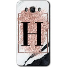 Gramaphone Galaxy J7 2016 Kılıf Hd Desen Baskılı Arka Kapak + Kırılmaz Cam - Pembe Mermer Desenli H Harfi