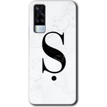 Gramaphone Vivo Y51 Kılıf Hd Desen Baskılı Arka Kapak + Kırılmaz Cam - Beyaz Mermer Desenli Ş Harfi