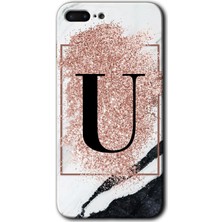 Gramaphone iPhone 7 Plus Kılıf Hd Desen Baskılı Arka Kapak + Kırılmaz Cam - Pembe Mermer Desenli U Harfi