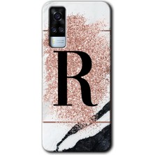 Gramaphone Vivo Y51 Kılıf Hd Desen Baskılı Arka Kapak - Pembe Mermer Desenli R Harfi