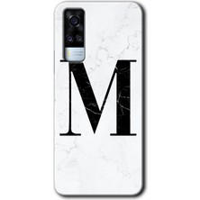 Gramaphone Vivo Y51 Kılıf Hd Desen Baskılı Arka Kapak + Kırılmaz Cam - Beyaz Mermer Desenli M Harfi