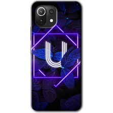 Gramaphone Xiaomi Mi 11 Kılıf Hd Desen Baskılı Arka Kapak + Esnek Nano Cam - Dark Neon Yaprak U Harfi