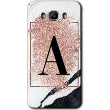 Gramaphone Galaxy J7 2016 Kılıf Hd Desen Baskılı Arka Kapak + Kırılmaz Cam - Pembe Mermer Desenli A Harfi