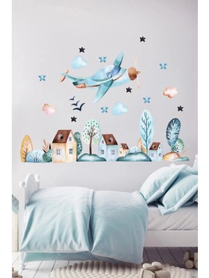 Kt Grup Dreamwallart Uçak ve Evler Duvar Sticker Seti Renkli