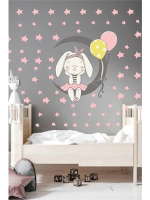 Kt Grup Ayda Oturan Sevimli Tavşan ve 150 Adet Yıldız Çocuk Odası Duvar Sticker