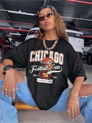 Unisex Oversize Siyah Chicago Baskılı Rahat Kalıp Tshirt