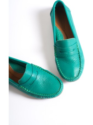 Mubiano Hakiki Deri 202-Y Oval Burunlu Kadın Yeşil Babet & Loafer Ayakkabı