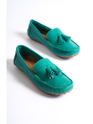 Mubiano Hakiki Deri 201-Y Püsküllü Oval Burunlu Kadın Yeşil Babet & Loafer Ayakkabı