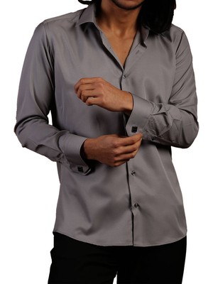 Dicotto Koyu Gri Dar Kesim Micro Kumaş Kol Düğmeli Slim Fit Erkek Gömlek - 201-7