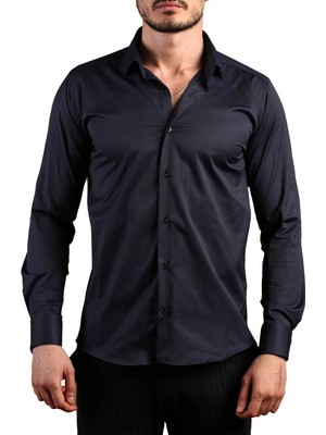 Dicotto Lacivert Ekstra Dar Kesim Likralı Esnek Micro Kumaş Kol Düğmeli Slim Fit Erkek Gömlek - 195-12