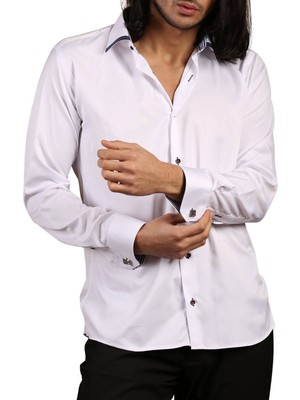 Dicotto Beyaz Lacivert Bieli Yaka Dar Kesim Micro Kumaş Kol Düğmeli Slim Fit Erkek Gömlek - 200-1