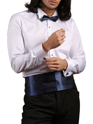 Dicotto Beyaz Lacivert Taş Düğmeli Damatlık Ata Yaka Kol Düğmeli Slim Fit Smokin Gömlek - 008