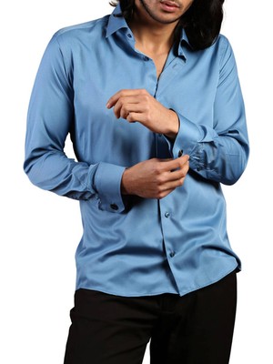 Dicotto Turkuaz Mavi Dar Kesim Micro Kumaş Kol Düğmeli Slim Fit Erkek Gömlek - 201-18
