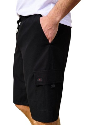 Miami Beach Siyah Büyük Beden Kargo Cepli Uzun Model Su Itici Özellikli Düz Renk Erkek Plaj Deniz Şort - 444-SIYAH
