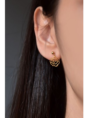 Papatya Silver 925 Ayar Gümüş Altın Kaplama Gül Model Çivili Kadın Top Küpe