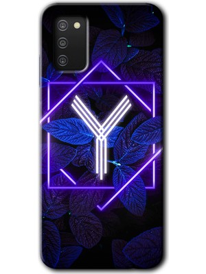Gramaphone Galaxy A02S Kılıf Hd Desen Baskılı Arka Kapak + Esnek Nano Cam - Dark Neon Yaprak Y Harfi