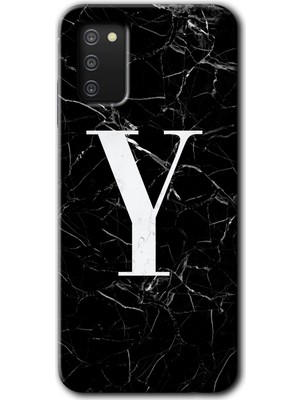 Galaxy A02S Kılıf Hd Desen Baskılı Arka Kapak + Kırılmaz Cam - Siyah Mermer Desenli Y Harfi