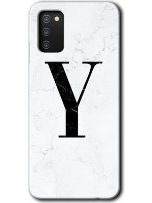 Gramaphone Galaxy A02S Kılıf Hd Desen Baskılı Arka Kapak + Esnek Nano Cam - Beyaz Mermer Desenli Y Harfi