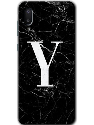 Gramaphone Galaxy A02 Kılıf Hd Desen Baskılı Arka Kapak + Kırılmaz Cam - Siyah Mermer Desenli Y Harfi