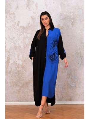 Keyifli Moda Kadın Siyah Sax Renk Bloklu Önü Nakışlı Cepli Oversize Gömlek Elbise