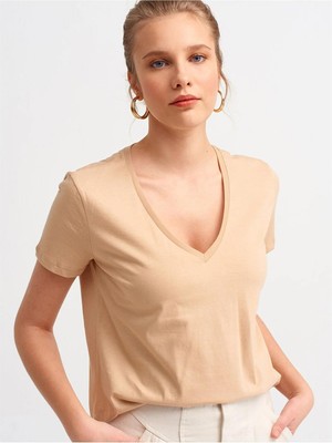 Dilvin 3470 V Yaka Basic T-Shirt Bej