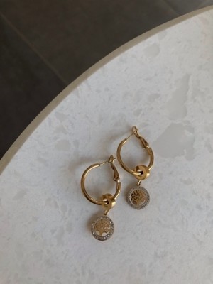 Gamze Butik Hayat Ağacı Gold Renk Çelik  Taşlı Küpe