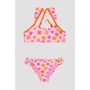 Genç Kız Çiçek Desenli Fırfırlı Halter Bikini Takımı