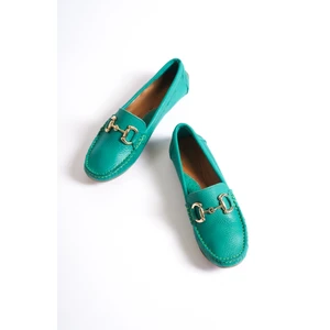 Hakiki Deri 203-Y Oval Burunlu Toka Detay Kadın Yeşil Babet & Loafer Ayakkabı