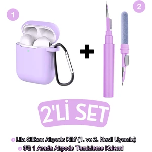 Airpods 1. ve 2.nesil Uyumlu Lila Kılıf ve Lila 3'ü 1 Arada Kulaklık Temizleme Kalemi Seti