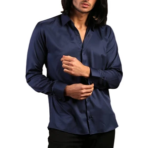 Lacivert Dar Kesim Micro Kumaş Kol Düğmeli Slim Fit Erkek Gömlek - 201-12