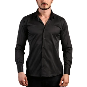 Siyah Ekstra Dar Kesim Likralı Esnek Micro Kumaş Kol Düğmeli Slim Fit Erkek Gömlek - 195-6
