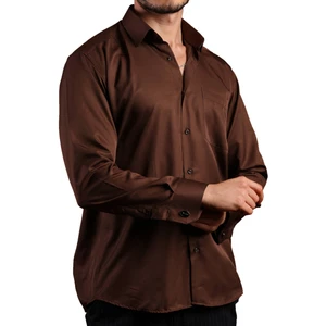 Kahverengi Büyük Beden Rahat Kesim Micro Kumaş Kol Düğmeli Regular Fit Erkek Gömlek - 190-11