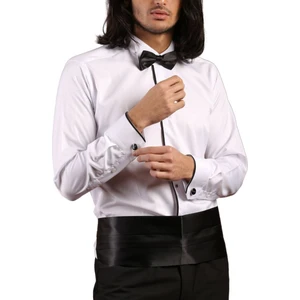 Beyaz Siyah Tek Bieli Damatlık Ata Yaka Kol Düğmeli Slim Fit Smokin Gömlek - 027