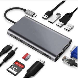 Coverzone Type-C To HDMI Adaptör 11 In 1 Dört USB 3.0 Bağlantı Noktası 4K HDMI VGA Type C Pd Usb3.0 RJ45 Ethernet Sd Tf Kart Okuyucu 3.5mm Aux MacBook Pro Air Uyumlu