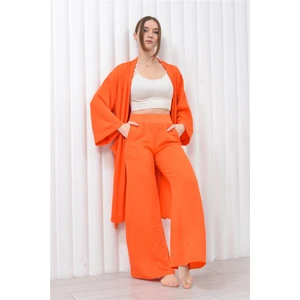 Kadın Keten Cepli Kuşaklı Uzun Kimono-Pantolon İkili Takım Turuncu