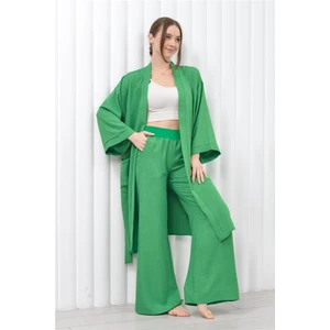 Kadın Keten Cepli Kuşaklı Uzun Kimono-Pantolon İkili Takım Yeşil