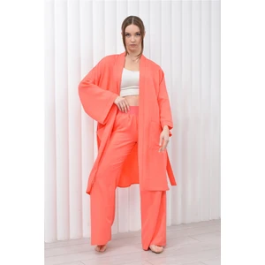 Kadın Keten Cepli Kuşaklı Uzun Kimono-Pantolon İkili Takım Somon