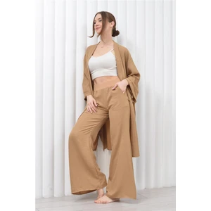 Kadın Keten Cepli Kuşaklı Uzun Kimono-Pantolon İkili Takım Açık Kahve