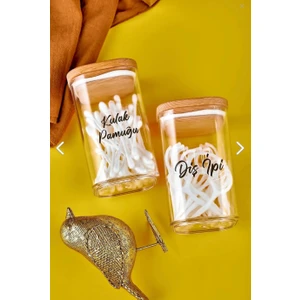 Fbz Home 2'li Ahşap Kapaklı 250 ml Mika Kulak Pamuğu & Diş Ipi Organizeri Akrilik Pamukluk