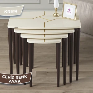 Lyon Serisi Krem 4'lü Mdf Lake Boyalı Zigon Sehpa ve Orta Sehpa Takımı Ayaklı