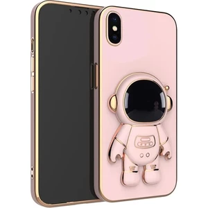 Case 4U Apple iPhone x Kılıf Astronot Standlı Sevimli Parlak Altın Gold Kenarlı Tam Korumalı